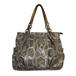 B. Makowsky Snake Python Print Leather Handbag Tote Large Shoulder Bag Tan